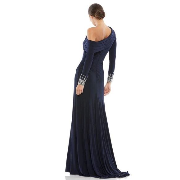 Mac Duggal Beaded Cuff Drop Shoulder Faux Wrap Gown Maxi Dress 8 Midnight Navy - Picture 2 of 15